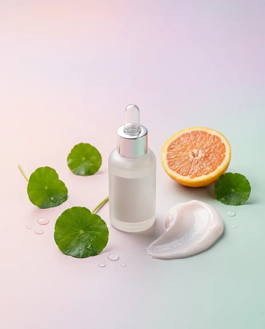 Ingrediente curate de skincare — ser cu vitamina C, acid hialuronic și centella asiatica pe fundal pastel